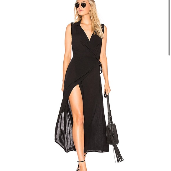 black sleeveless wrap dress